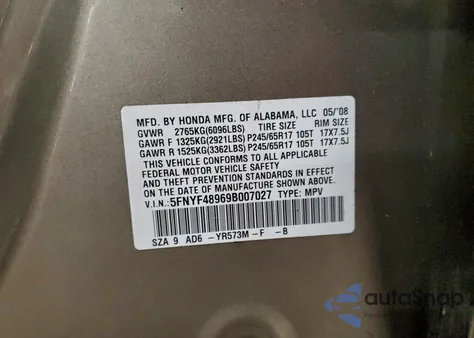 2009 Honda Pilot Touring из США, поврежденный, VIN 5FNYF48969B007027